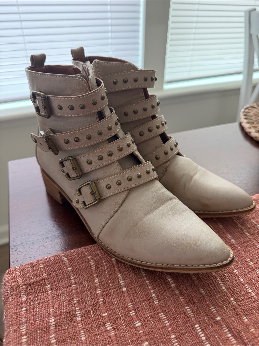 Studded Strappy Ankle Boots in Beige